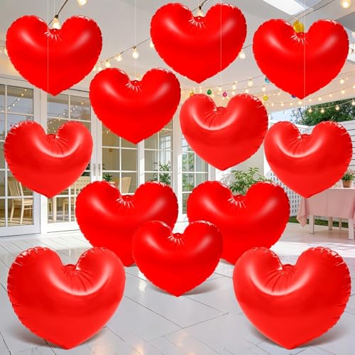 PYURTHITY 12 Pcs 16 and 24 Giant nflatable Red Heart Decorations Large Hanging Blow Up Heart Ornaments for Indoor Outdoor Wedding Engagement Anniversary Proposal Bridal Shower Yard Party Decor