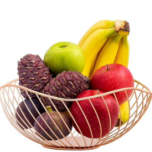 Image of Rose Gold Fruit Basket for Dining Table | Electroplated Iron Wire Basket for Fruits, Vegetables & Snacks | Decorative Storage Bowl for Kitchen Counter & Home Decor
