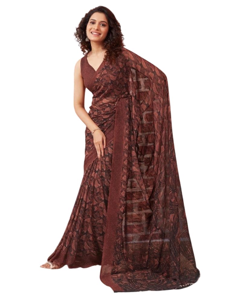 Shiv Textiles Women's Georgette Printed Saree(519S102_Brown)