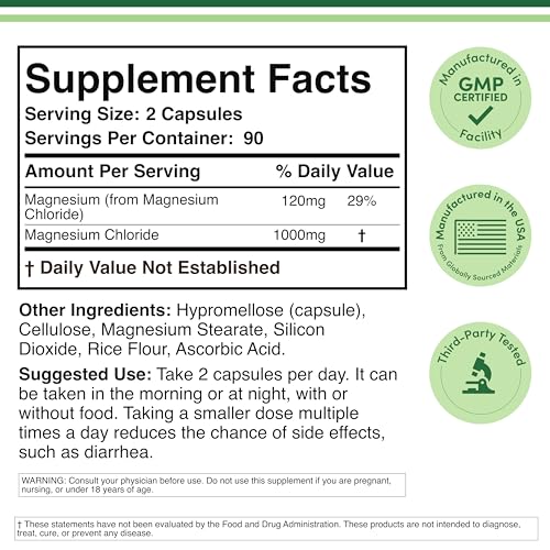 Magnesium Chloride (Cloruro De Magnesio) - 180 Capsules, 1,000mg Per Serving, Supports Digestive and Bone Health - Non-GMO and Gluten Free by Double Wood Supplements