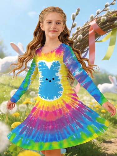 Image of Ithalt Girls Easter Dress Bunny Print Shirts Easter Long Sleeve Dresses Litter Girls Christian Easter Gifts 5-12y