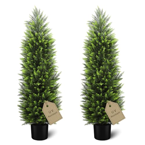 HMASYO 4FT Artificial Cedar Topiary Trees Set of 2, Realistic Potted Fake Cypress Tree Faux Pine...