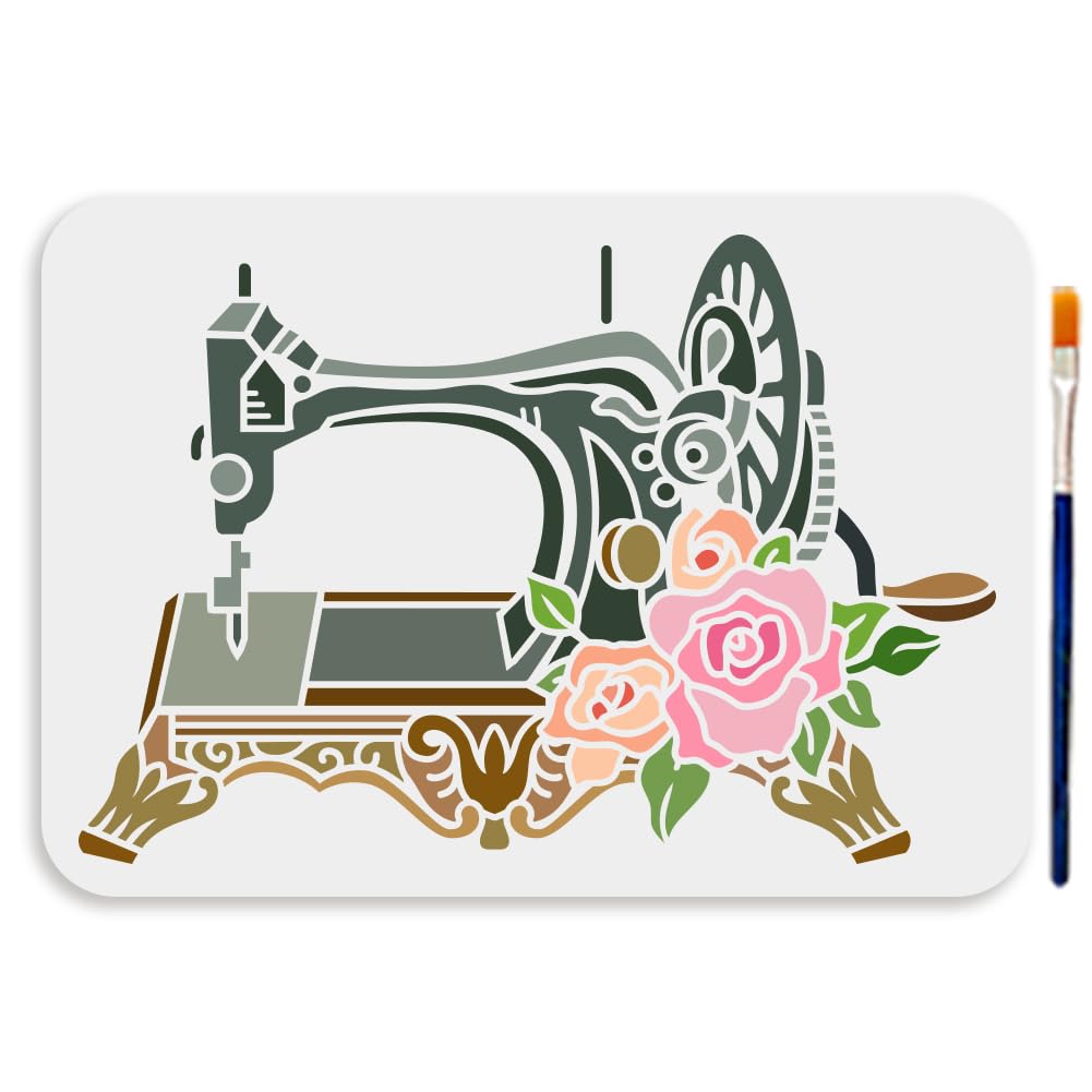 MAYJOYDIY A4 Size Sewing Machine Painting Stencil Vintage Art Template 29.7x21cm Reusable Flower Floral Template Machine Gear Stencil for Painting on Wood Wall Fabric Home DIY Craft