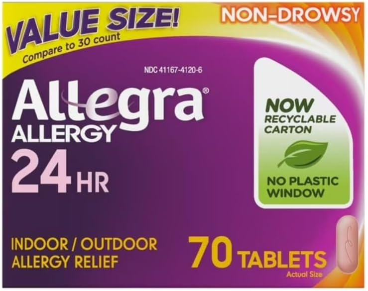 Allegra Tabletas para alergias para adultos 24 horas, 180 mg, alivio notable en 1 hora, (70 unidades)