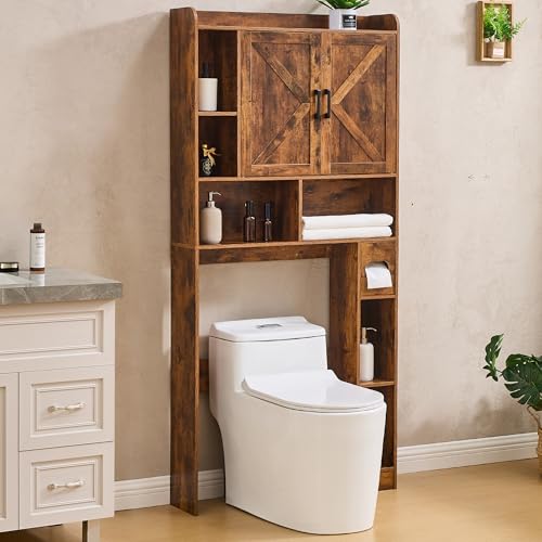 Viroformo Over The Toilet Storage Cabinet, Farmhouse Storage Cabinet 32 Inches Width Over Toilet with 2 Barn Door and Toilet Paper Holder Stand, White Toilet Rack for Bathroom, Laundry, Restroom
