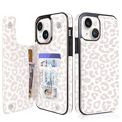 uCOLOR Beige Leopard Compatible with iPhone 13/ iPhone 14 6.1 Inch Wallet Case with Card Holder Folio Flip PU Leather Kickstand Card Slots Case Double Magnetic Clasp and RFID Blocking Cover