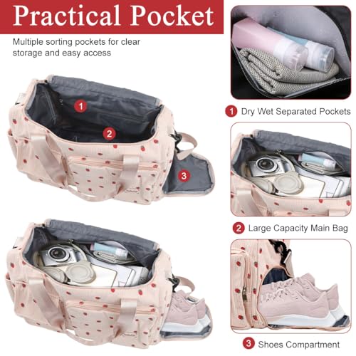 Image of PALAY Women Duffle Bag Gym Bag with Shoe Compartment Cute Pink Strawberry Prints Corduroy Travel Bag with Removable Shoulder Strap Multi-pocket Duffle Bag for Travel, Gym Session, Camping, 48x24x27cm