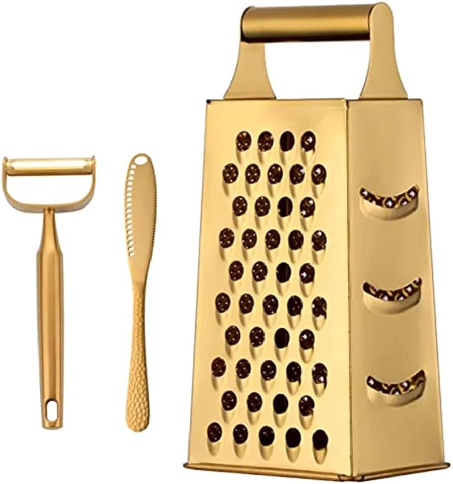 4 Sides Box Grater For Kitchen,Stainless Steel Cheese Grater With Handle,Multi-Function Vegetable Slicer Food Shredder For Chees,Ginger,Vegetables,Dishwasher Safe, Gold
