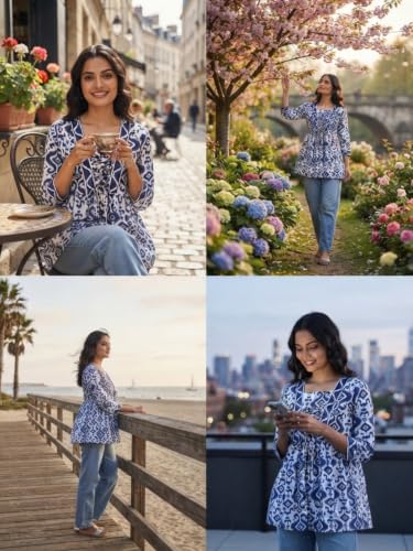 Image of Leriya Fashion Women's Rayon Paisley Printed Regular Fit Tunic Western Tops Short Kurti Comfortable Everyday Wear & Half Sleeves, Collar Neck (Available in Plus Size)