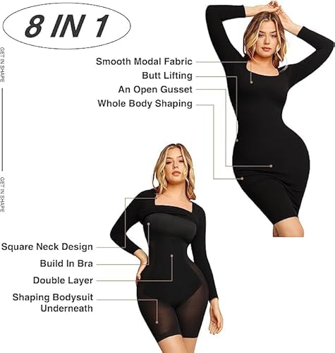 Popilush Long Sleeve Bodycon Dress Square Neck Midi Dresses For Women Built In Shapewear Black #TOP2