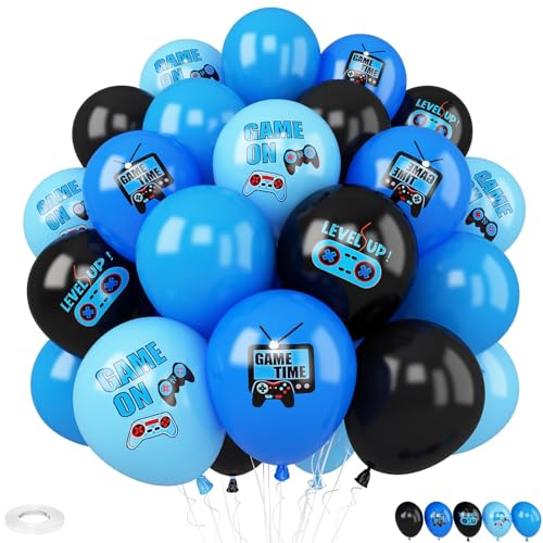 Image of Video Game Party Balloons,30Pcs 12inch Blue Black Confetti Game Theme Printed Balloons Decorations for Game Party Supplies Teens Player Birthday Party Decorations