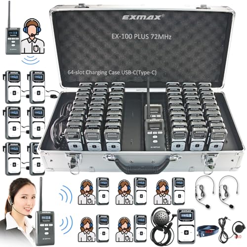 EXMAX EX-100 PLUS 72MHz Wireless Voice Portable Equipment Tour Guide System for Conference Seminars Outdoors Church Wedding Traning Museum Tours(2 Transmitters & 60 Receivers 64-slot Charge Case USBC)