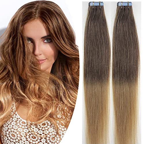 Fenicy Tape in Human Hair Extensions Skin Weft Ombre Brown Blonde 22 Inch