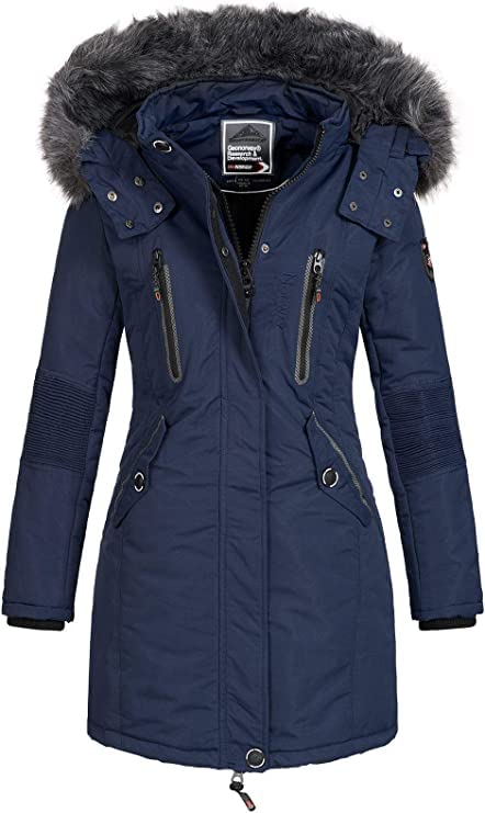 Geographical Norway CORALY Women/Lady – Manteau/Doudoune Femme, Parka avec fourrure – Blouson polaire chic pour l’hiver, veste longue femme (as4, alpha, l, regular, regular, Marine, L)