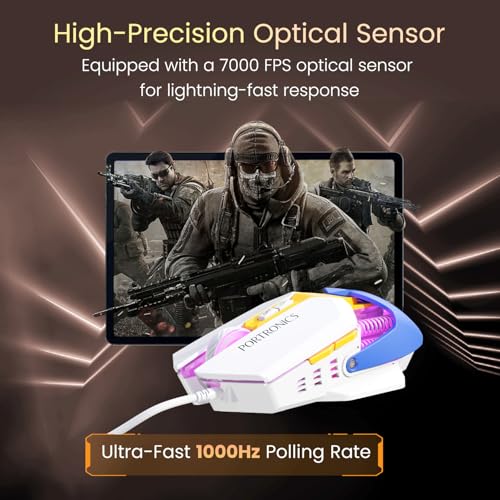Image of Portronics Vader 2.0 Wired Gaming Mouse with 7 Programmable Button Control, Adjustable DPI Upto 7100 Gaming Grade, 10 Million Clicks, RGB LED Lights, Ultra-Responsive 7000fps,1.5M Cable (White)