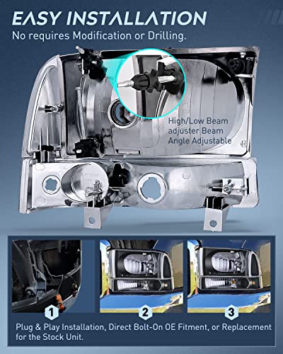 Image of Nilight Headlight Assembly Compatible with Ford 1999 2000 2001 2002 2003 2004 F250 F350 F450 F550 Super Duty Black Housing Clear Corner Clear Lens Headlights Assembly Replacement