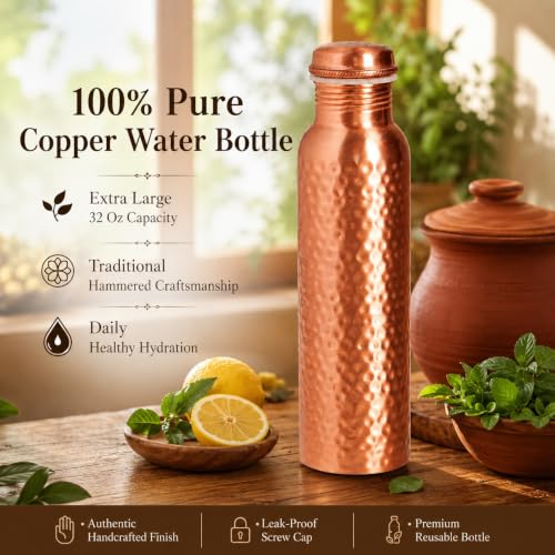 Image of Pure Copper Water Bottle, Copper Drinking Bottle 32 oz, Hammered, Ayurvedic | 100% Pure Copper, Hand Hammered, 32 oz, Leak-Proof Screw Cap, Includes Cleaning Brush, Reusable, Travel-Ready
