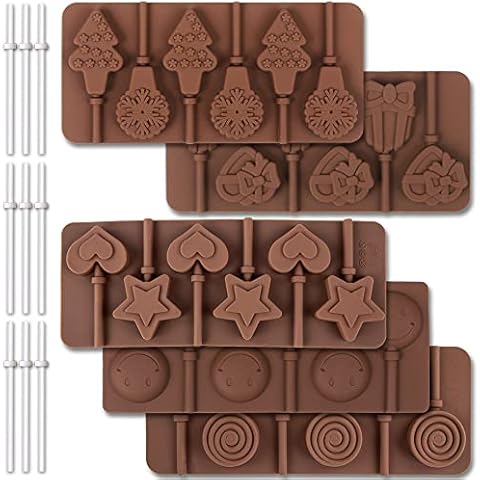 Cozihom 6 Cavity Silicone Lollipop Mould, Chocolate Mould, Typical Round, Stars & Hearts, Bowknots, Christmas, Smile Faces Shape, 5 PCS, and 130 PCS Lollipop Sticks Cover
