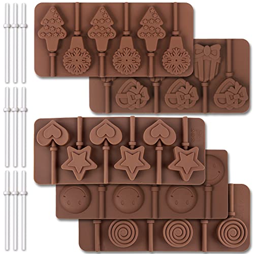 Cozihom 6 Cavity Silicone Lollipop Mold, Candy Mold, Christmas Candy mold, Typical Round, Stars & Hearts, Bowknots, Christmas, Smile Faces Shape, 5 PCS, and 130 PCS Lollipop Sticks