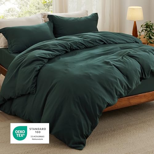 Image of Bedsure Duvet Cover Queen Size with Fitted Sheet - 4 Pieces Prewashed Cotton-Like Polyester Extra Soft Bedding Set, Includes 1 Duvet Cover 90x90 Inches, 2 Pillow Shams, 1 Fitted Sheet, Forest Green