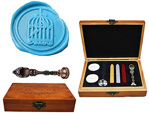 MNYR Birdcage Red Brass Wax Seal Sealing Stamp Wedding Invitations Vintage Metal Peacock Handle Wax Sticks Candles Melting Spoon Gift Wood Box Set