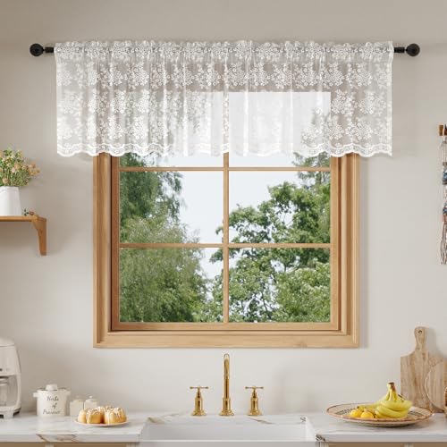 Rinwoc White Lace Semi-Sheer Valance Cafe Curtains Vintage Floral Lace Tiers for Bedroom Privacy Light Filtering Rod Pocket Window Valances Elegant Scalloped Valances 1 Panel 52W x 18L Inch