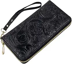 Carteira feminina clutch com zíper duplo em torno do porta-cartão de crédito carteira feminina de couro grande capacidade, Preto, Large, Preto