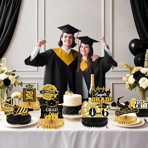 Image of 2026 Graduation Party Decorations - 8 Pcs Black Gold Class of 2026 Graduation Party Decor Honeycomb Centerpieces for Tables Congratulate for 2026 Congrats Grad Party Supplies