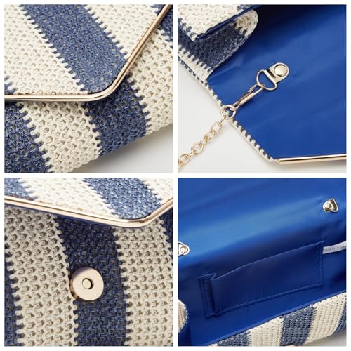 Image of Straw Clutch Bag Women Summer Woven Handbag Striped Chain Crossbody Envelope Shoulder Boho Beach Evening Party Purse