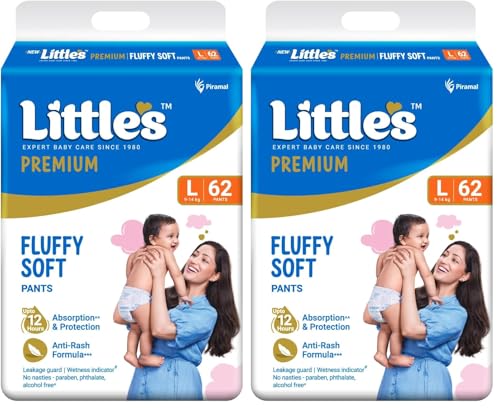 Image of Little's Premium Baby Diapers L Size (Large) Pants Style | 9-14 kg | 62 Count | Super Jumbo FluffySoft Baby Diaper with Leakage Guard, Wetness Indicator & 12 Hours Absorption (Pack of 2)