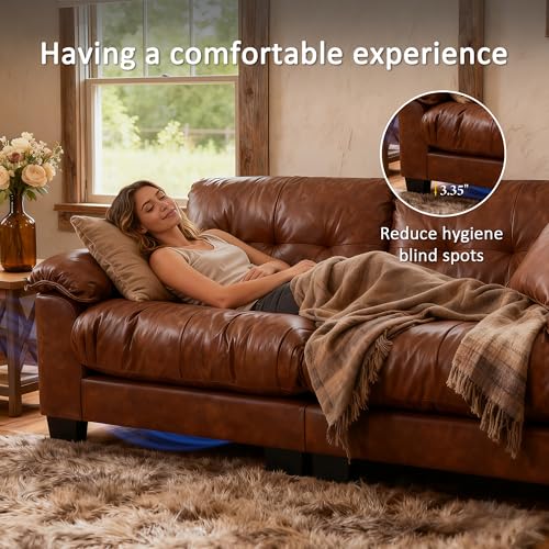 Image of Faux Leather Sofa, Mid Century Modern Deep Loveseats, Comfy Cloud Couch, Tufted Pillow Top Arm Furniture for Living Room, Apartment, Cognac Brown