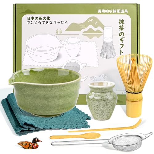 Amosua Matcha Set, 9 Pcs Japanese Matcha Whisk Set Matcha Tea Set for Traditional Tea Ceremony, Ceramic Matcha Kit for Matcha Drinks Matcha Set Whisk and Bowl Gift for Starters & Matcha Lover, Green