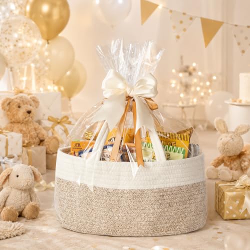 Image of Diaper Caddy Organizer, Empty Gift Basket with Gift Wrap for Newborn Essentials, Baby Storage Basket, Stylish Gift Bag for Baby Shower, Boys and Girls - Small, White&Beige Brown