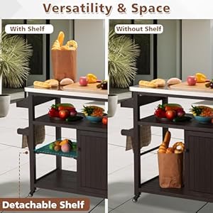 Ahb outdoor grill table solid wood storage cabinet rolling kitchen island movable bar cart with stainless steel top for outside patio backyard garden brown  urban country home decor