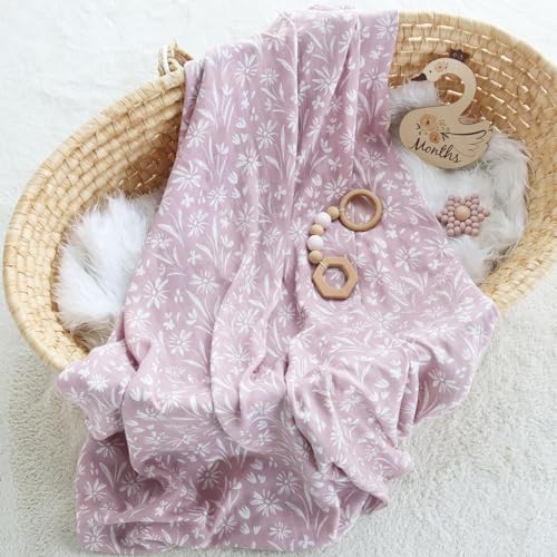 Image of LifeTree Baby Swaddle Blanket and Bow Set, Mauve Floral Muslin Newborn Swaddle Set with Matching Headband Bow, Infant Receiving Blanket Wrap, 47 x 47 inches, 70% Viscose from Bamboo and 30% Cotton