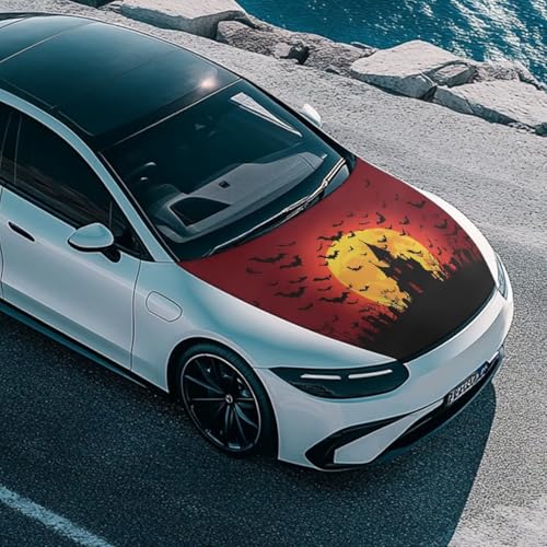 Image of Halloween Bats Castle Car Hood Cover Protector Stretchable Auto Hood Wraps Auto Halloween Outdoor Decoraitons Waterproof Automotive Accessories for Compact Sedans SUV Trucks Vans