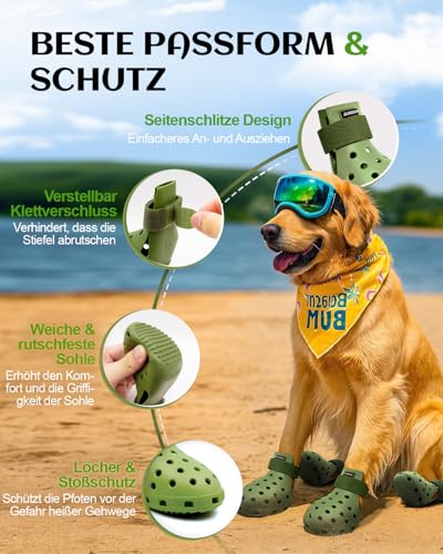 Hundeschuhe Pfotenschutz Outdoor – Hundeschuhe Wasserdicht, einfach an- und auszuziehen, atmungsaktiv, rutschfest, leicht zu reinigende Hundestiefel für Sommer Hitze und Winter Schnee (Olive, XS)
