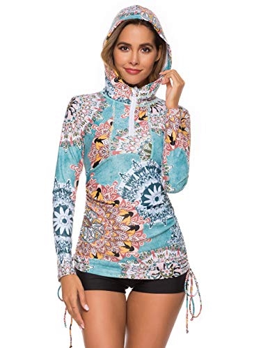 Women's UV Sun Protection Floral Long Sleeve Rash Guard Hooded Wetsuit Swimsuit Top UPF 50 CA109-F59-L