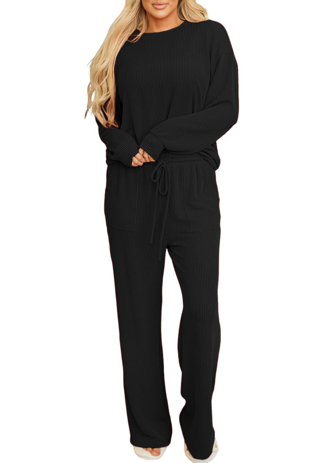Opemiby Women Pajamas Set Loungewear Ribbed Long Sleeve Top and Pants with Pockets Lounge Pj Set Sleepwear Solid Black M