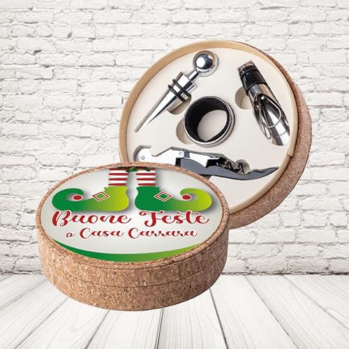 D&Vlab Kit Set Accessori Vino Cavatappi Bottiglie Di Vino, Idea Regalo Personalizzato Famiglia per Natale ''ELF PIEDI FAMILY''