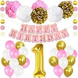 KatchOn, Gold 1 Balloon Decorations Set - Giant, Pack of 47 | Big, 40 Inch | Gold 1 Balloon for First Birthday | Happy Birthday Banner | Pink Gold and White Balloons for 1st Birthday Girl Decorations