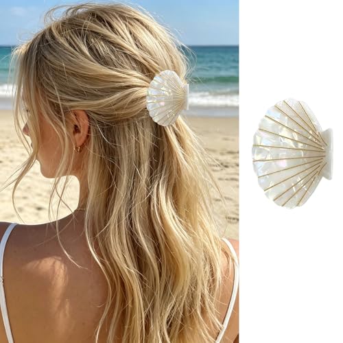 White Seashell Hair Claw Clips for Women Shell Shape Hair Clips Non-Slip Cute Hair Barrettes with Gold Line Beach Hair Jaw Clips Ocean Theme Catch Clip Summer Holiday Daily Hair Styling Accessories
