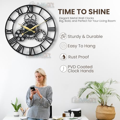 Image of 24 Inch Large Metal Wall Clock with Fixed Gears - Decorative Industrial Vintage Wall Watch Sculpture for Living Room, Bedroom & Office - Modern Silent Quartz Roman Numeral Home Decor