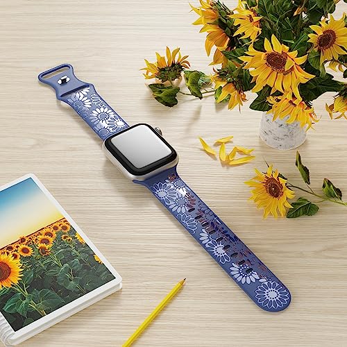 Image of Sunflower Engraved Band Compatible with Apple Watch Bands 38mm 40mm 41mm 42mm 44mm 45mm 49mm Women, Designer Soft Glossy Floral Silicone Strap for iWatch Series Ultra 11 10 9 8 7 6 SE 5 4 3 2 1