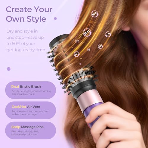 Vincofy 7 in 1 Blow Dryer Brush Set Hot Air Styler for Fast Drying, Curling, Straightening & Volumizing Ionic Hair Dryer Brush with 1500W Power No Heat Damage for All Hair Types Lilac - image 6