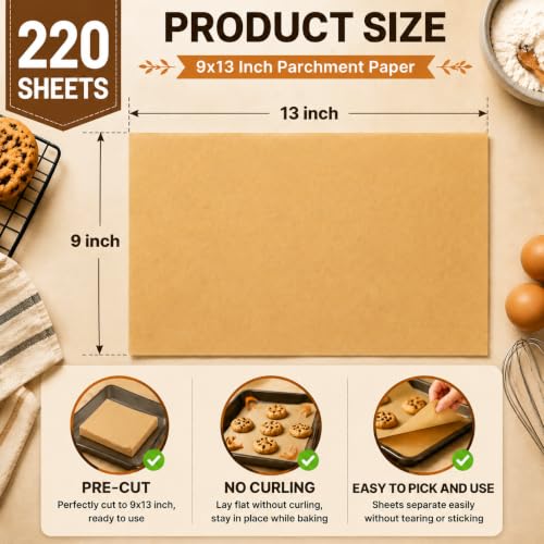 Image of KORCCI 220-Count 9x13 Inch Parchment Paper Sheets, Precut Non-Stick Unbleached Baking Paper, Quarter Sheet Size for Toaster Oven, Air Fryer, Cookies, Cakes and Bread