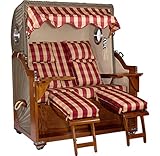 Luxus XXL Strandkorb Mahagoni 2,5 Sitzer Vollausstattung Kurze Lieferzeit kariert rot beige Lieferung komplett aufgebaut