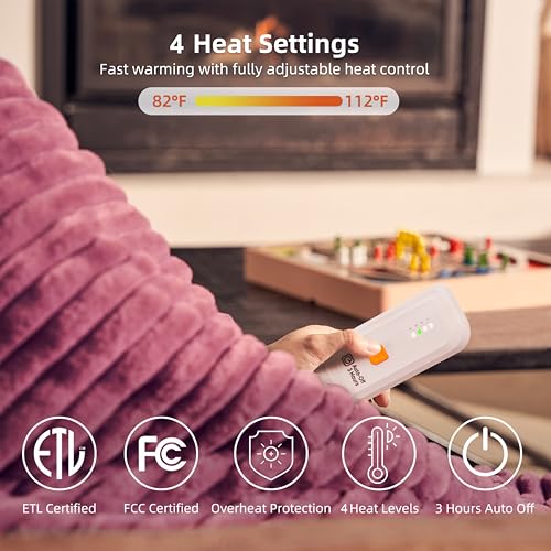 GOTCOZY Electric Blanket Heated Throw 50''X60''- Ribbed Faux Fur Heated Blanket with 4 Heating Level & 3 Hour Auto Off Heating Blanket, ETL&FCC Certified Machine Washable(Wine Red)