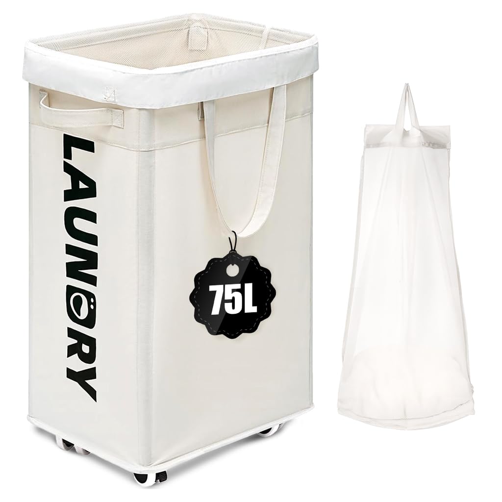 HASTHIP® 75L Laundry Basket Hamper with Wheels and Removable Mesh Bag, Laundry Baskets on Wheels for Bedroom, Dorm, Clothes Hamper Organizer with Handle, 15.7 * 11.8 * 26.8IN White-image-46