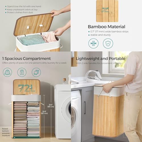 Image of LUXE HOME INTERNATIONAL Stripe Bamboo Laundry Basket with Lid | Eco-Friendly, Foldable & Lightweight Organizer (Natural, 40x30x60 cm, Pack of 1)